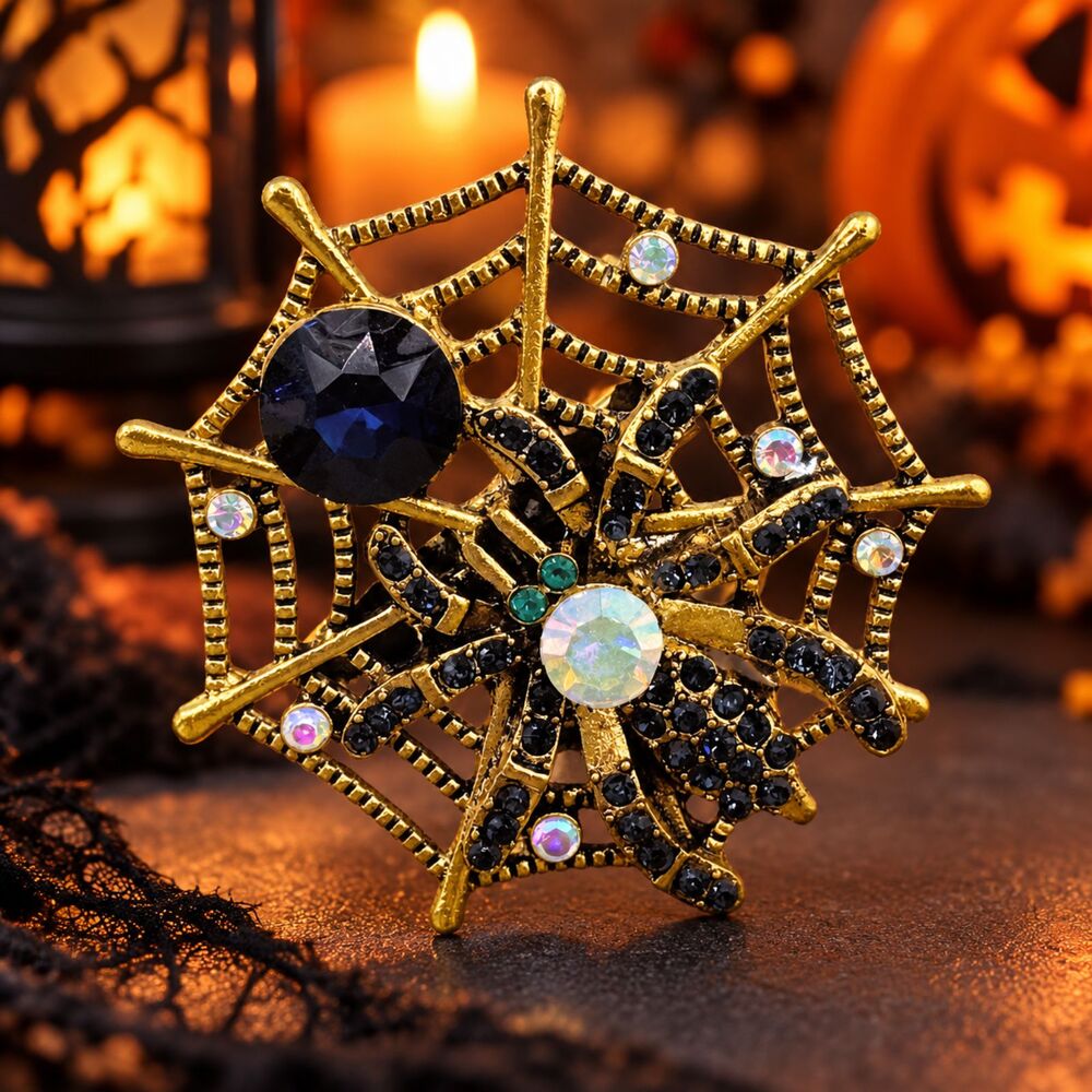 New Halloween Vintage-Inspired Blue Rhinestone Spider Web Brooch Pin